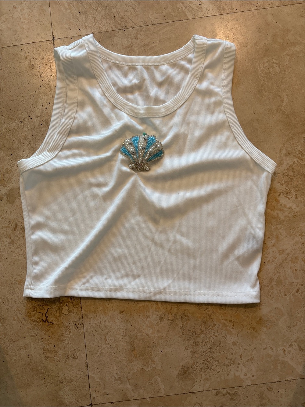 White Ribbed Cropped Tank with Sea Shell Bead Detail